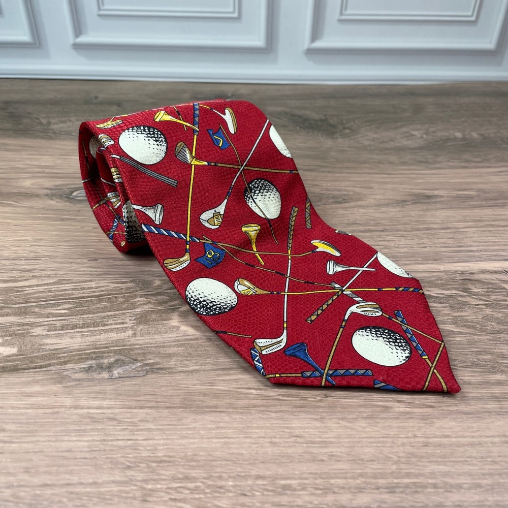 Mens Norm Thompson Golf Tie All Silk Made in Italy Golf Balls Clubs Red‎